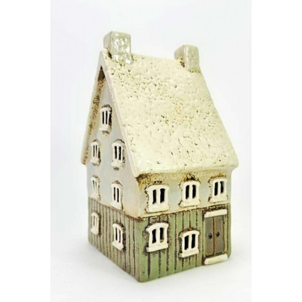 Keramický domček na čajovú sviečku, bielo-zelený 20x12x10,5 cm
